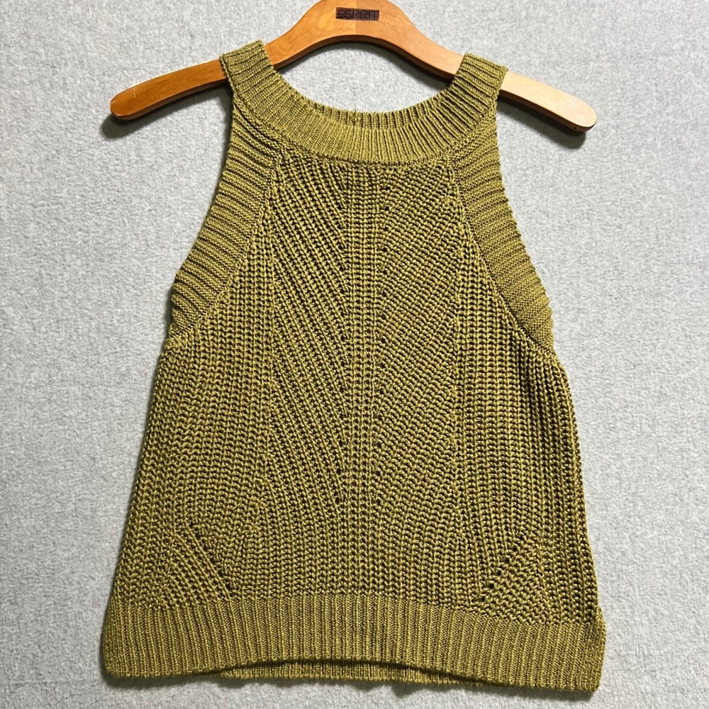 Nine West Olive Green Chunky Knit Shell Tank Top Chevron Pointelle Sleeveless XS